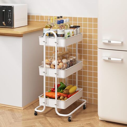 عربة تخزين دوارة من sywhitta ذات 3 طبقات بمقبض، عربة تخزين متعددة الوظائف للمطبخ والحمام وغرفة المعيشة والمكتب باللون الأبيض in Kuwait