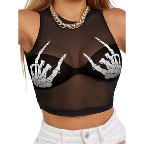 CSDAJIO Women's Hand Print Sheer Mesh Crop Tank Top Sleeveless See Through Shirt Sexy Going Out Clubwear in Kuwait
