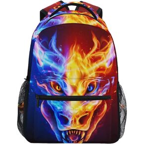 JIPONI Fire Dragon Head in Blue and Red Flame Backpack For Girls Boys, Student School Bag Bookbag Travel Laptop Backpack Purse Daypack