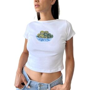 Y2k Fruit Print Baby Tee Graphic Crop Top Women Teen Girl Short Sleeve Slim Fit Grunge Summer Aesthetic T Shirt