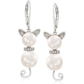Ross-Simons 7.5-9mm Cultured Pearl and Diamond-Accented Cat Drop Earrings in Sterling Silver