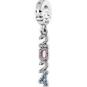 2024 New Years Red White Blue CZ Clip On Open Clasp Pendant 925 Sterling Silver Charm For Pandora & Other Link Charm Bracelets/Necklaces