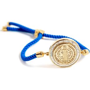 Alea Collection Catholic Blessed Saint Benedict Medal 18K Gold Plated Bracelet Blue String Religious Jewelry