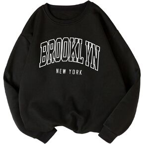 WDIRARA Women's Letter Print Long Sleeve Round Neck Pullover Tops Drop Shoulder Casual Sweatshirt