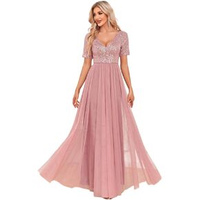 Beauty-Emily Women's Sequin V Neck Short Sleeve A Line Prom Evening Wedding Dress