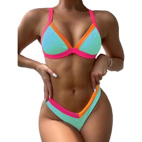 WDIRARA Women's Colorblock Contrast Binding Triangle Bikini Swimsuit 2 Piece Bathing Suit