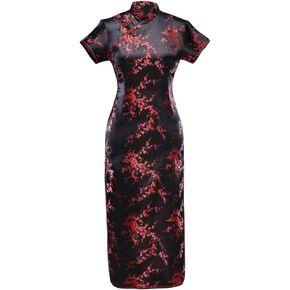 Women's VTG Navy Blue Floral Long Chinese Prom Dress Cheongsam Size