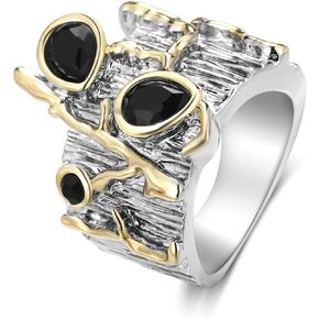 Silver and Gold Statement Rings for Women, Fashion Black Crystal CZ Branch Ring Band Cocktail Costume Jewelry for Teen Girls Gifts for Her