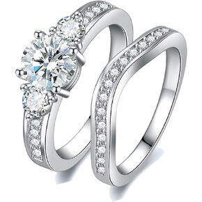 18K White Gold Plated Three Stones Bridal Ring Set for Women Engagement Rings Curved Wedding Band Cubic Zirconia Size 5-10