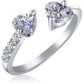 Double Love Heart Open Statement Rings for Women Girls Adjustable Dainty Cubic Zirconia Crystal Engagement Wedding Band Promise Eternity Ring Wrap Finger Bands Cute Jewelry Gifts