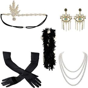 YEEBOM 1920s Flapper Accessories Set for Women, Roaring 20s Great Gatsby Feather Headband Accessories for Weeding Bride Gold