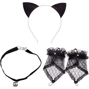 Cat Ears Headband Bell Choker Lace Fingerless Gloves Set for Cosplay Costume