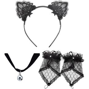 Cat Ears Headband Bell Choker Lace Fingerless Gloves Set for Cosplay Costume in Kuwait