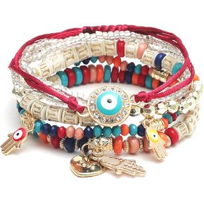 Pingyongchang Evil Eye Bracelets Pack Crystal Bohemian Bracelet Set of 4 Beaded Mexican Bracelets Pack Mixed Hamsa Protection Stretch Bracelets Jewelry for Women Teen Girls