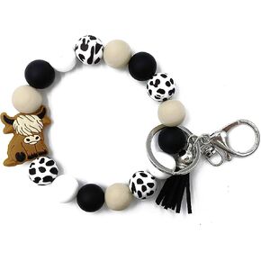 Caiyao Highland Cow Wristlet Keychain for Women Girl Highland Cattle Tassel Key Ring Silicone Bead Bracelet Jewelry