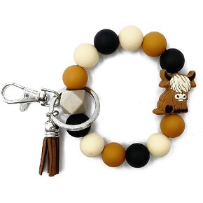 Caiyao Highland Cow Wristlet Keychain for Women Girl Highland Cattle Tassel Key Ring Silicone Bead Bracelet Jewelry