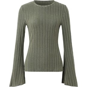 Women's Casual Long-Sleeved Crew Neck Flared Sleeve Rib Knit Top