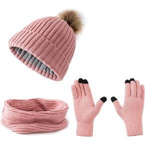 Knit Pom-Pom Beanie Scarf Gloves Set for Women, Winter Neck Warmer with Detachable Pompom Hat & Touch Screen Gloves