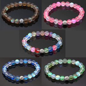 Africanbeads 5 قطع سوار الصداقة الزجاجي لحورية البحر الصوفي مع 8 ملم من الخرز الأبيض المتوهج من حجر القمر سوار قابل للتمدد مع سحر الحب من حجر الراين للنساء والفتيات المجوهرات