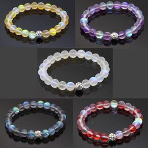 Africanbeads 5Pcs Mystic Mermaid Glass Friendship Bracelet with 8 mm Frosted White Glowing Moonstone Beads Stretch Bracelet with Rhistone Love Charm for Women Girl Jewelry
