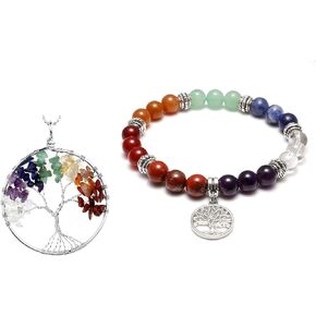 Jovivi Bundle - 2 Items 7 Chakra tree of life Crystal Necklace + 7 Chakras Yoga Meditation Healing Balancing Round Stone Beads Stretch Bracelet