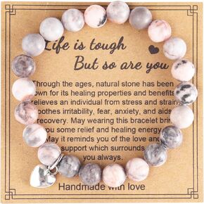 Pingyongchang Natural Stones Beaded Bracelet Elastic Stretch Heart Shape Pendant Bracelets Adjustable Handmade Braided Rope Gemstone Bracelets for Women Girls Friendship and Mom Gifts