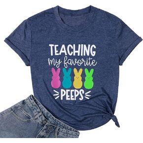 Easter Teacher Shirt Womens Teaching My Favorite Peeps Shirts Funny Rabbit Bunny Graphic Tee Casual Letter Print Tops