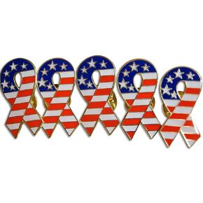 Patriotic American Flag & Ribbon 5-Piece Lapel or Hat Pin and Tie Tack Set with Clutch Back by Novel Merk