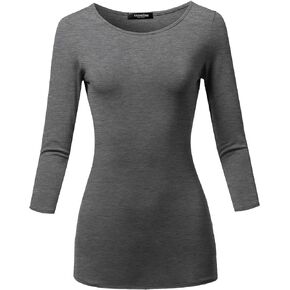 SSOULM Women's Casual 3/4 Sleeve Stretchy Slim Fit Basic T-Shirt Top with Plus Size