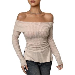 Floerns Women's Solid Off Shoulder Split Hem Stretchy Long Sleeve Tee Shirt Top in Saudi Arabia