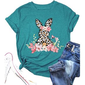 Womens Easter Shirts Cute Floral Bunny T-Shirt Leopard Print Tee Easter Gift Casual Top Shirts