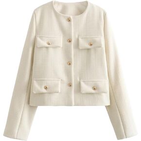 Xaspee Crop Tweed Blazer Jacket Women Collarless Open Front Button Down Business Work Casual Wool Jacket Coat