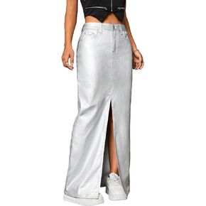 WDIRARA Women's Metallic High Waist Button Split Thigh Party Club Long Denim Skirt