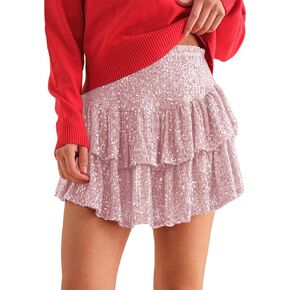 ABAFIP Women's Sparkle Sequin Skirts High Waisted Layered Ruffled Glitter Pleated Short Mini Skater Skirt