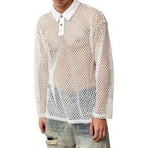WDIRARA Men's Sheer Hollow Out Drop Shoulder Button Down Long Sleeve Party Polo Shirt