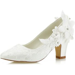 JIAJIA 62311 Women's Bridal Shoes Closed Toe 2.7" Chunky Heel Lace Satin Pumps Satin Flower Wedding Shoes