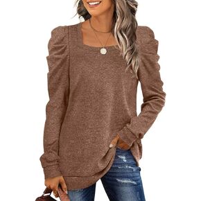 EADINVE Women's Long Sleeve Sweatshirts Casual Square Neck Puff Sleeve Tunic Tops Loose Fit