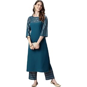 Janasya Indian Women's Blue Poly Crepe Straight Kurta with Palazzo
