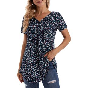 قمصان تونيك نسائية من BAISHENGGT للسراويل الضيقة Henley ورقبة على شكل حرف V وأكمام قصيرة وبلوزات مكشكشة غير رسمية in Kuwait