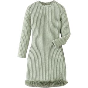 OYOANGLE Girl's Fuzzy Trim Long Sleeve Round Neck Ribbed Knit Bodycon Short Dress