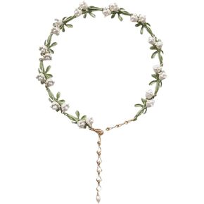 Handmade Necklace for Women, Valley Lily Bell orchid Cultured Pearl Vintage Necklace for Bridal (28cm+10cm extension chain)