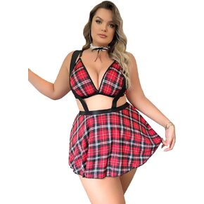 OYOANGLE Women's Plus Size Plaid Print Cut Out Sleeveless Deep V Neck Cosplay Costume Lingerie Set