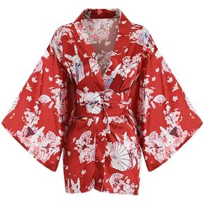 Women's Sexy Kimono Short Dress with Obi Belt Japanese Geisha Costume Bedroom Role Play Lingerie Bathrobe Nightwear
