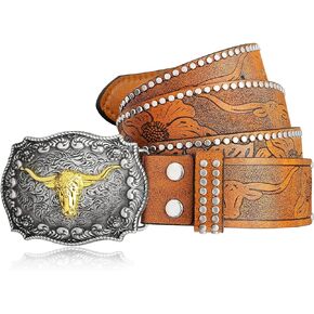 Aswitnove Mens Western Cowboy Buckle Belts Rodeo Longhorn Bull Pattern Leather Waist Belt Silver Studded Strap, 1/2 Inch Wide