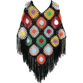 tinacrochetstudio Crochet Fringed Poncho Cape Shawls Wraps Granny Square Womens Coat Sweater