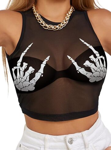 CSDAJIO Women's Hand Print Sheer Mesh Crop Tank Top Sleeveless See Through Shirt Sexy Going Out Clubwear in Kuwait