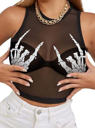 CSDAJIO Women's Hand Print Sheer Mesh Crop Tank Top Sleeveless See Through Shirt Sexy Going Out Clubwear in Kuwait