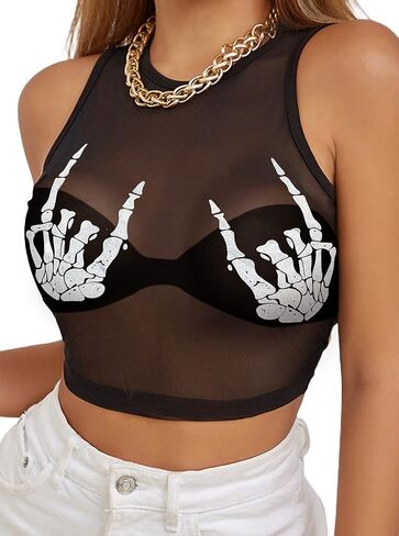 CSDAJIO Women's Hand Print Sheer Mesh Crop Tank Top Sleeveless See Through Shirt Sexy Going Out Clubwear in Kuwait