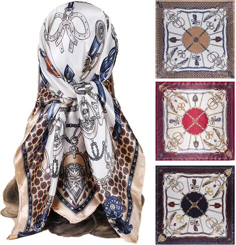WUZININGLE 35"×35" Silk Like Head Scarf, 2/3 Pcs Large Silk Feeling Neck Scarf, Like Silk Scarf for Hair Wrapping at Night in Kuwait