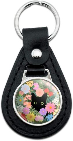 Black Leather Black Cat Hiding in Spring Flowers Keychain in Saudi Arabia